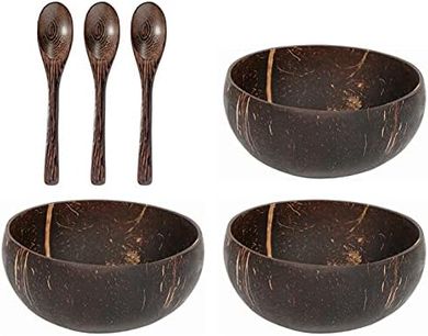 Hovico Coconut Bowls: 3 Natural Handmade Bowls & Spoons
