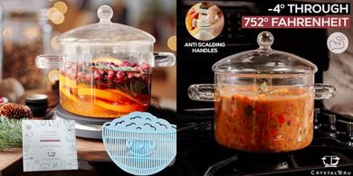 Heat-resistant borosilicate glass simmer pot with lid, strainer, and anti-scald handles.
