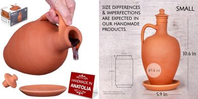 Anadolu Clay Water Pitcher Set: Small, Unglazed Terracotta Carafe & Plate
