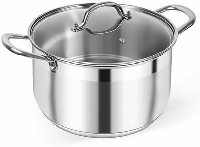 Kirecoo 8-Quart Stainless Steel Stock Pot: Heavy-duty, induction-ready, with visible lid.
